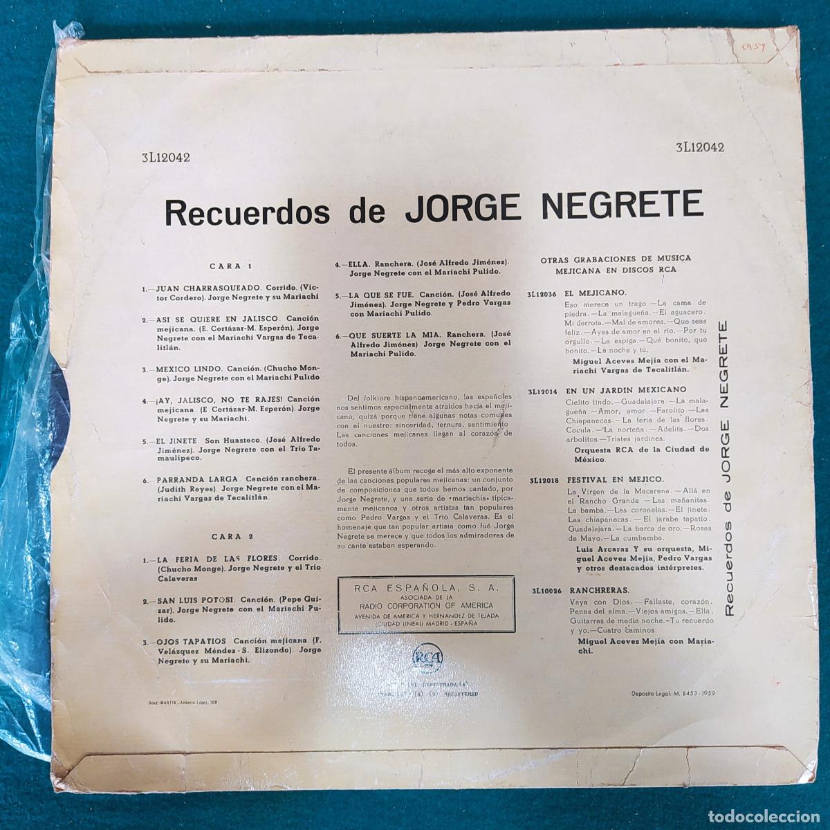 Discos de vinilo: Jorge Negrete &ndash; RECUERDOS DE JORGE NEGRETE - Foto 2