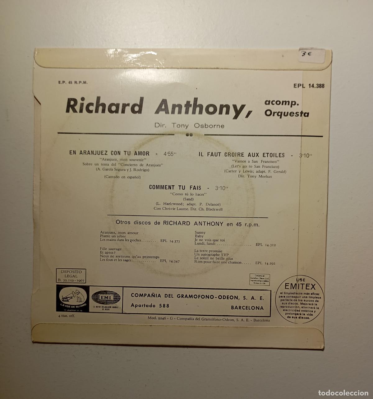 Discos de vinilo: RICHARD ANTHONY - ARANJUEZ, CON TU AMOR. EP. TDKDS26F - Foto 2
