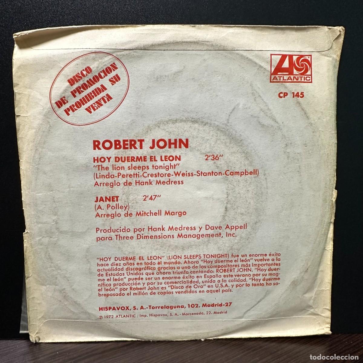 Discos de vinilo: Robert John - Hoy Duerme El Leon (7&rdquo;, Single, Promo) - Foto 2