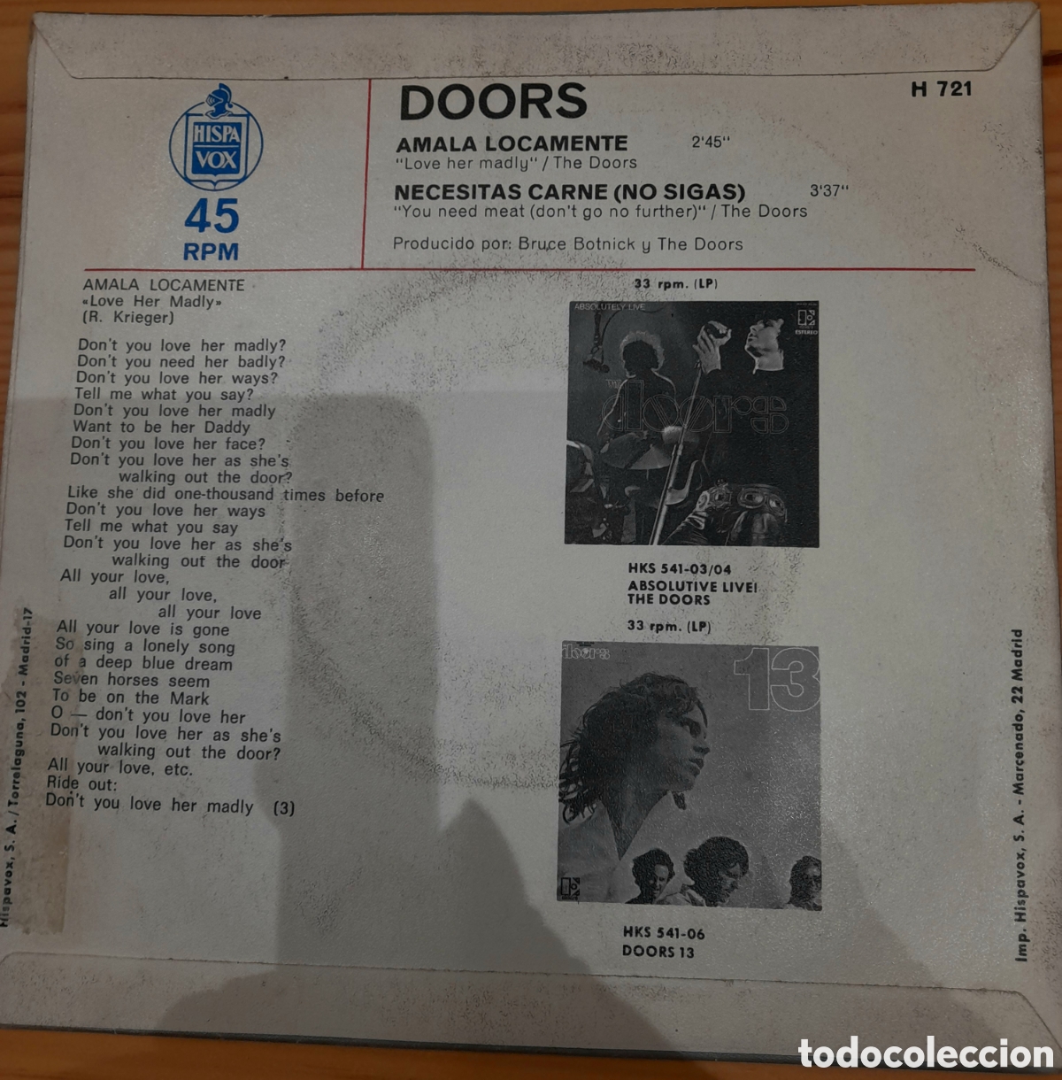 Discos de vinilo: THE DOORS. &Aacute;MALA LOCAMENTE SINGLE 1971 - Foto 2
