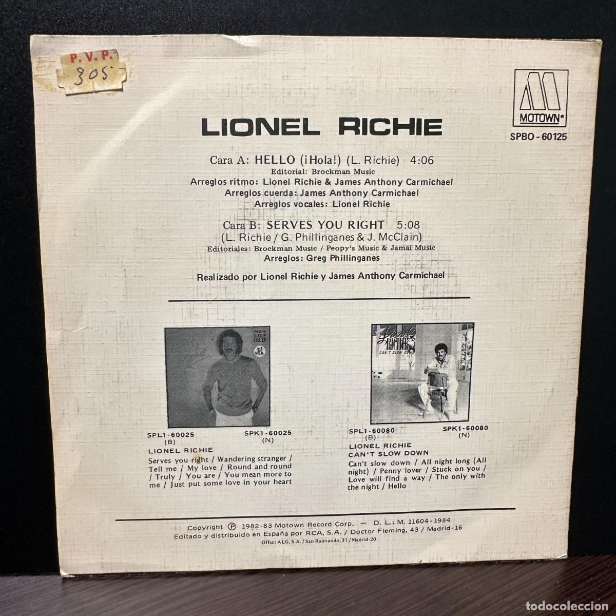 Discos de vinilo: Lionel Richie - Hello = &iexcl;Hola! (7&rdquo;, Single) - Foto 2