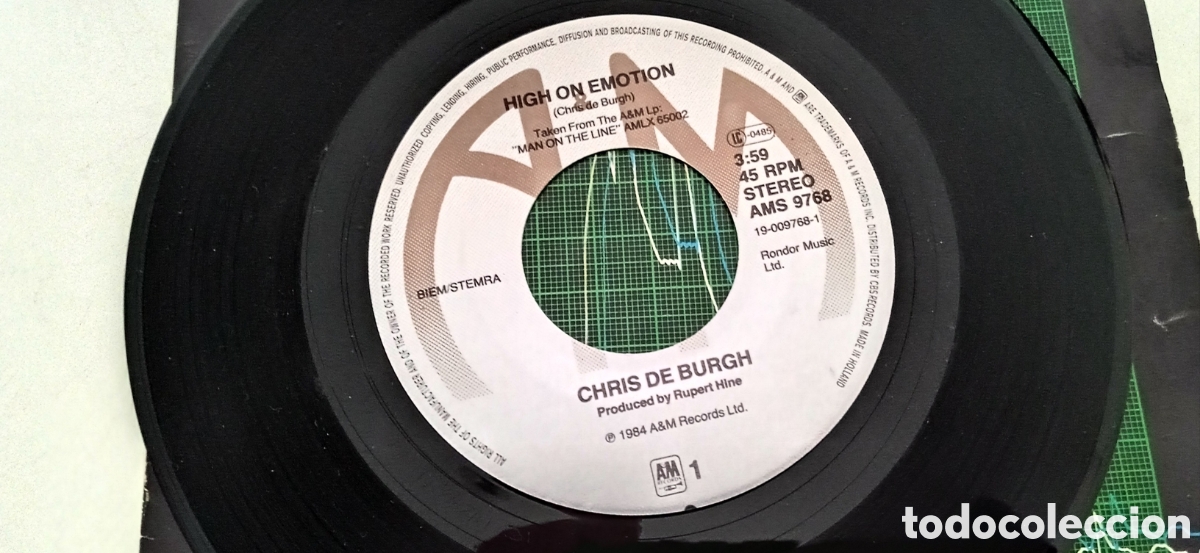 Discos de vinilo: CHRIS DE BURGH - High on emotion (1984) single vinilo 7&rdquo; - Foto 3