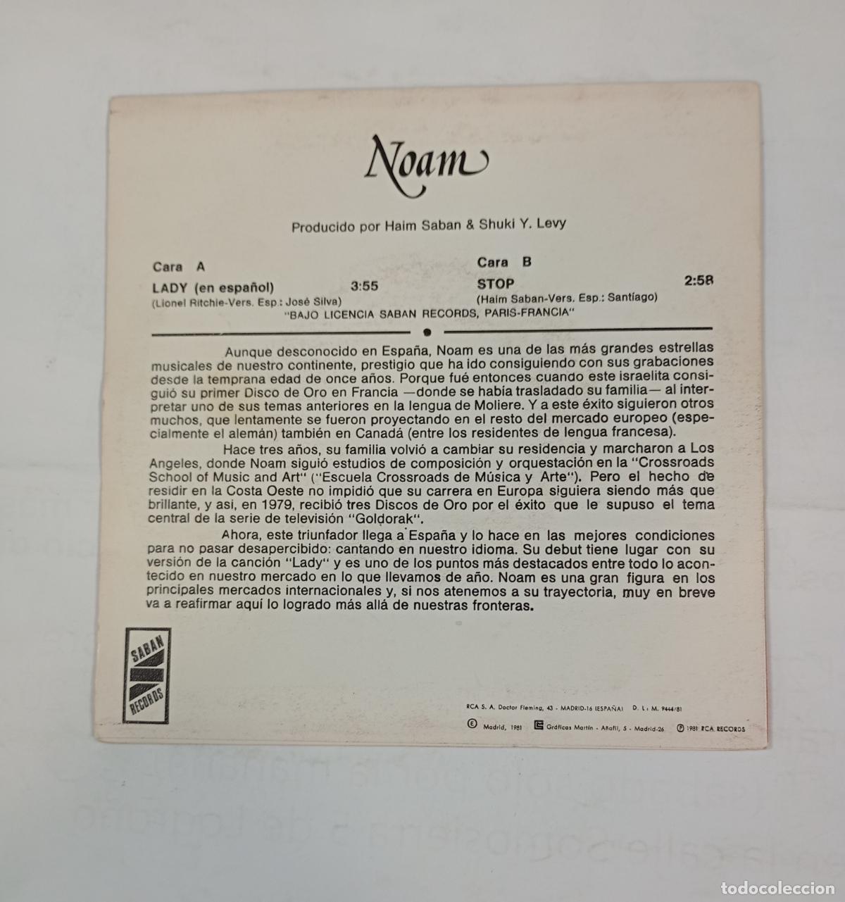 Discos de vinilo: LADY EN ESPA&Ntilde;OL. NOAM. STOP. SINGLE. TDKDS24C - Foto 2