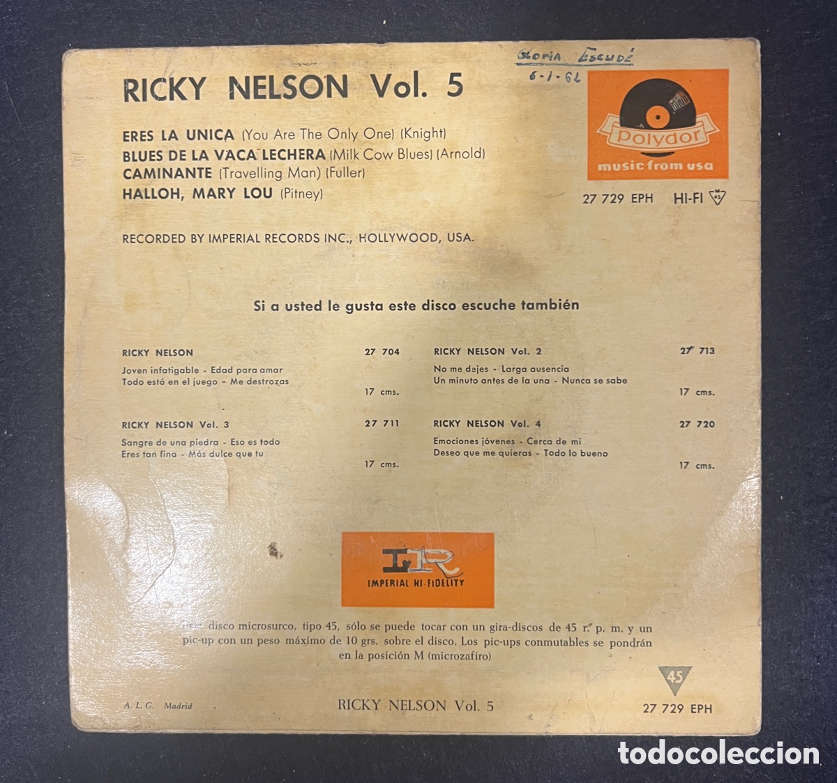 Discos de vinilo: RICKY NELSON - Vol. 5 - EP 1961 - POLYDOR - Foto 2