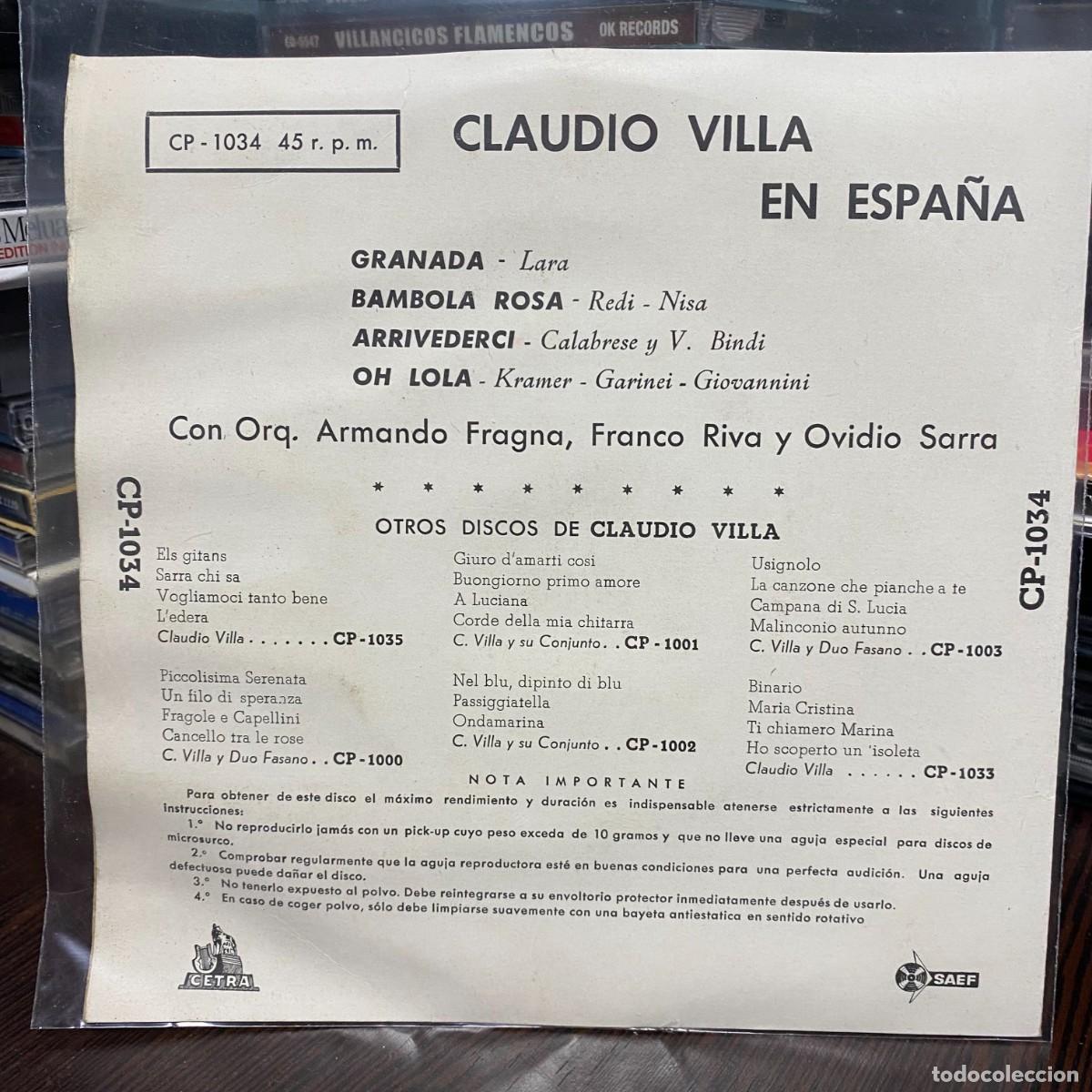 Discos de vinilo: Claudio Villa - En Espa&ntilde;a (7&rdquo;, EP) - Foto 2