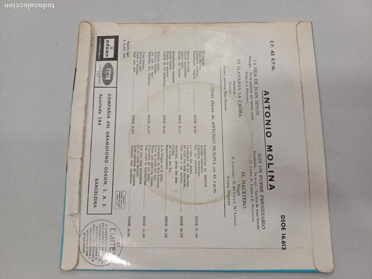 Discos de vinilo: ANTONIO MOLINA/LA HIJA DE JUAN SIMON/SINGLE. - Foto 3