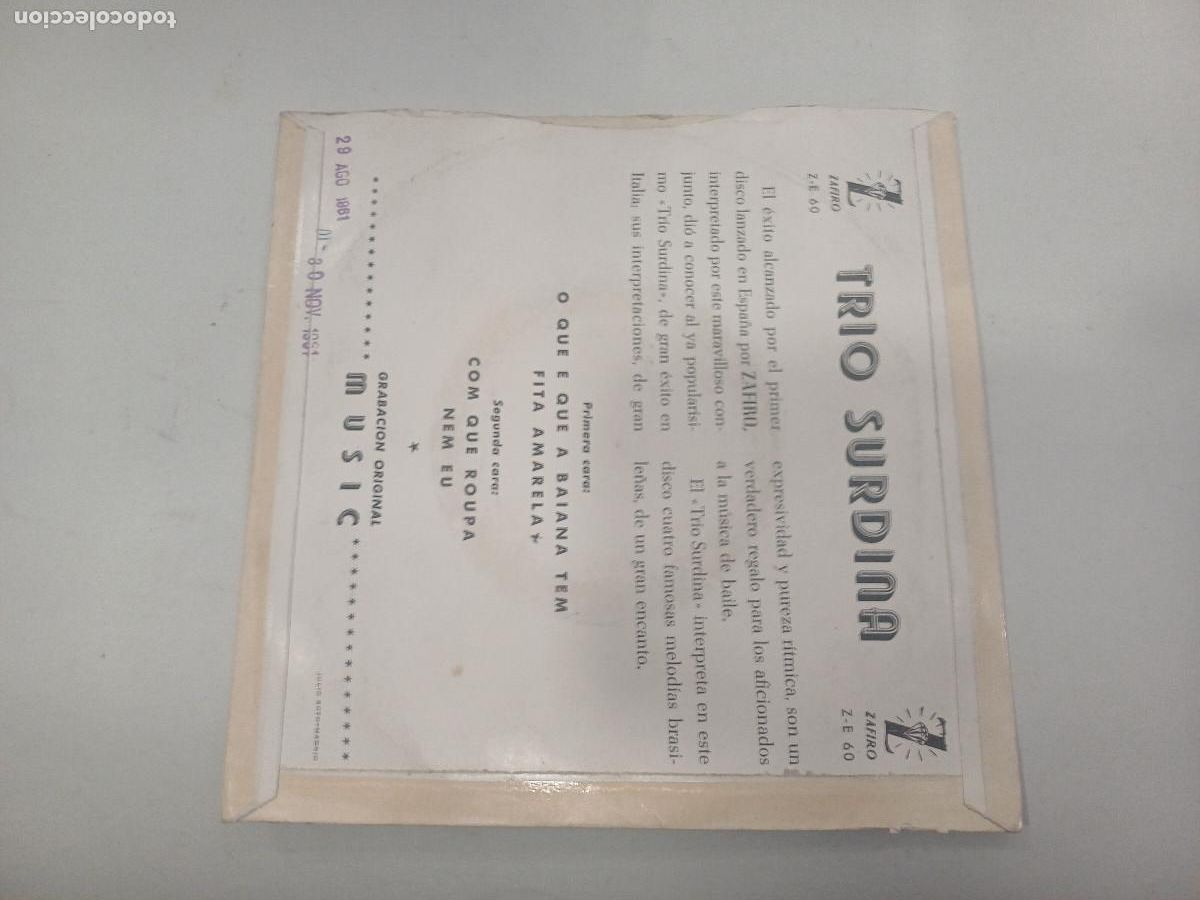 Discos de vinilo: TRIO SURDINA/O QUE E QUE A BAIANA TEM/SINGLE. - Foto 3