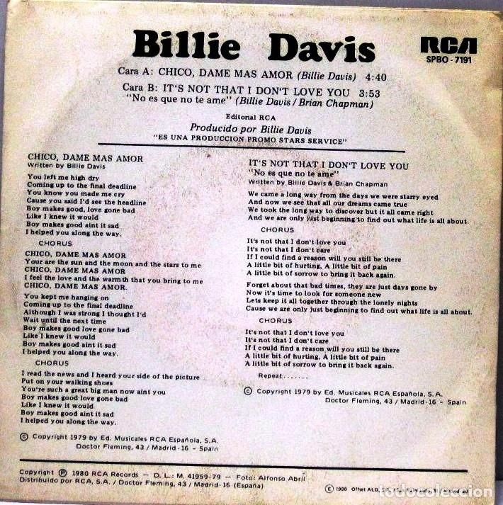 Discos de vinilo: BILLIE DAVIS - CHICO DAME MAS AMOR - SINGLE - Foto 2