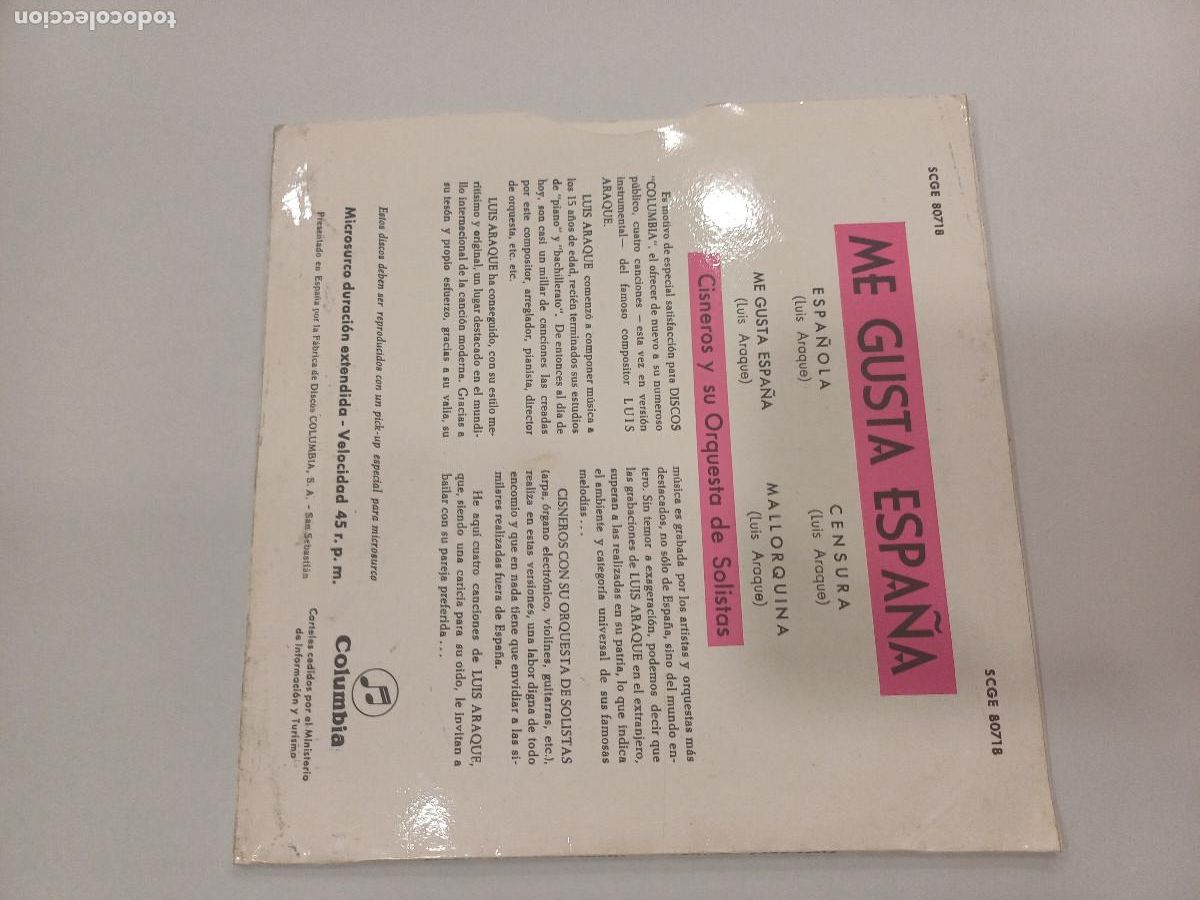 Discos de vinilo: ME GUSTA ESPA&Ntilde;A/CISNEROS Y SU ORQUESTA/SINGLE. - Foto 3