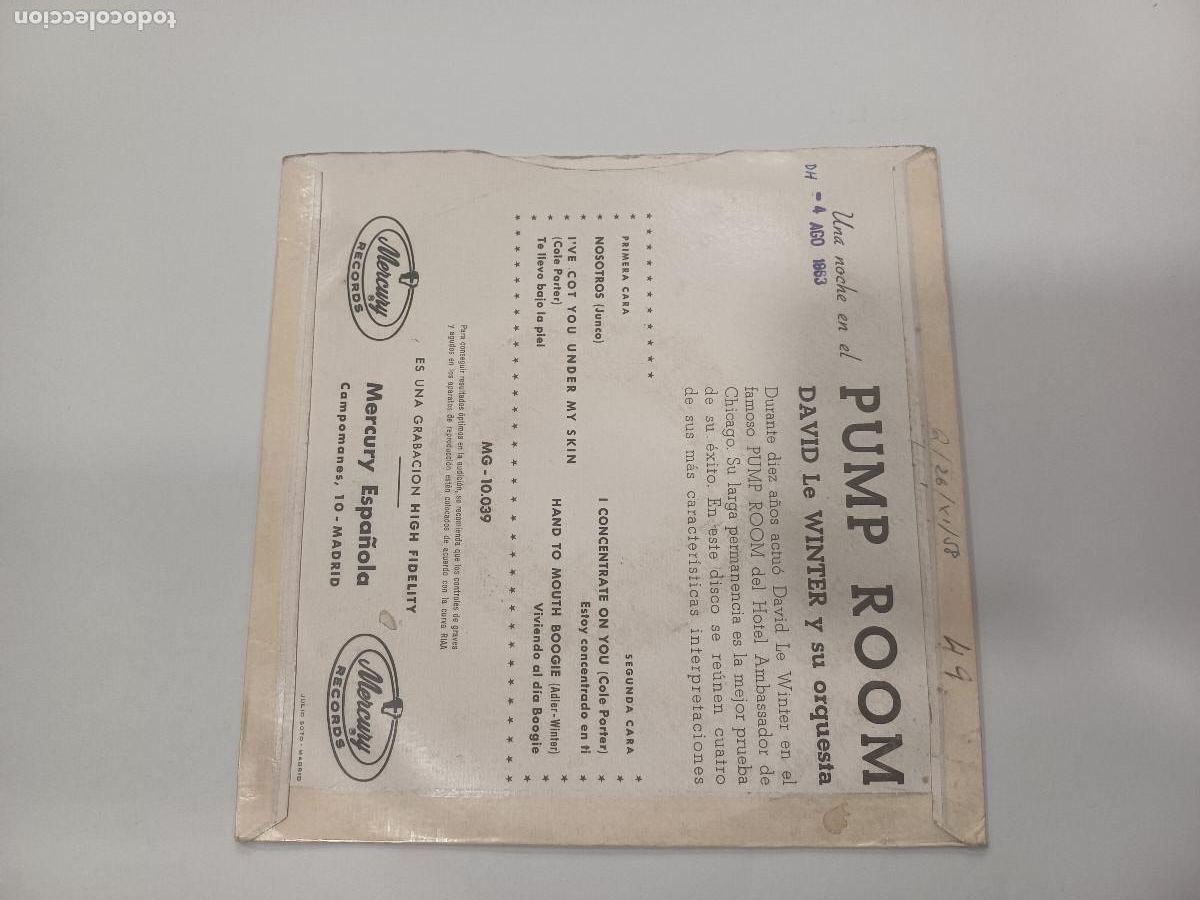 Discos de vinilo: DAVID LE WINTER Y SU ORQUESTA/PUMP ROOM/SINGLE. - Foto 3