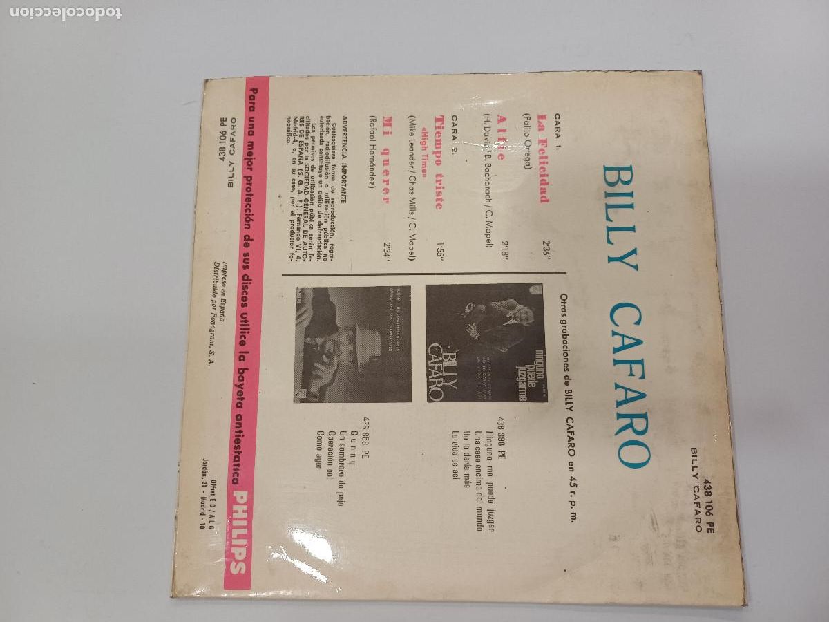 Discos de vinilo: BILLY CAFARO/LA FELICIDAD/SINGLE. - Foto 3