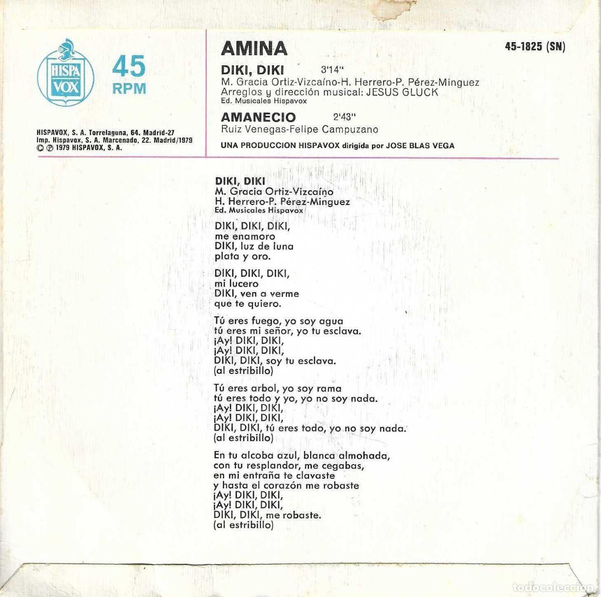 Discos de vinilo: AMINA - DIKI, DIKI - AMANECIO - HISPAVOX 1979 - Foto 4