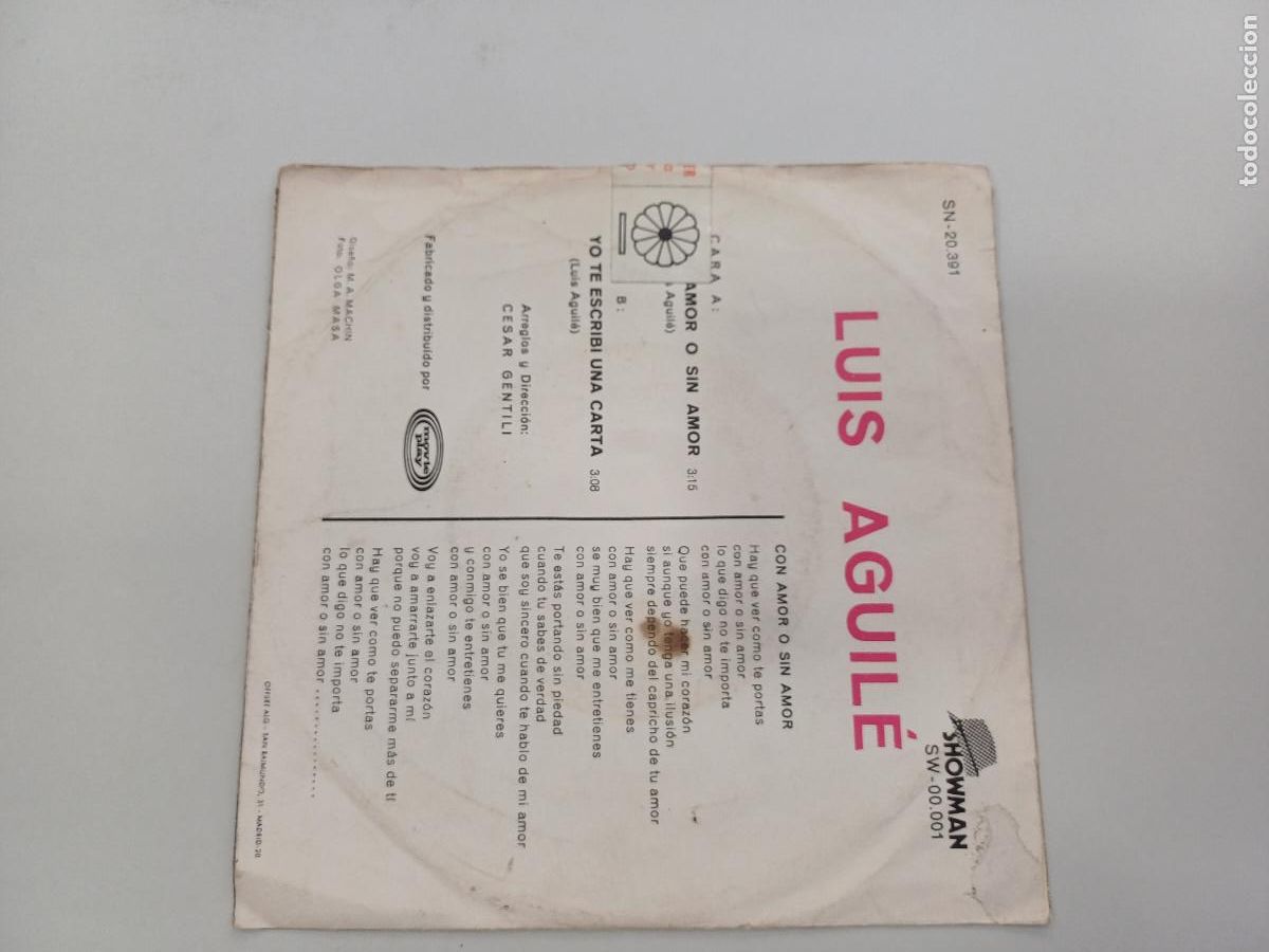 Discos de vinilo: LUIS AGUILE/CON AMOR O SIN AMOR/SINGLE. - Foto 3
