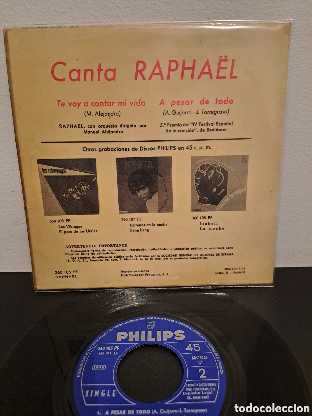 Discos de vinilo: RAPHAEL-SINGLE TE VOY A CONTAR MI VIDA- LGS.1 - Foto 2