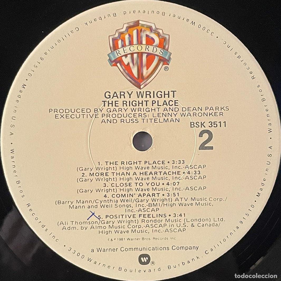 Discos de vinilo: GARY WRIGHT - THE RIGHT PLACE / LP WARNER 1981 / USA - Foto 4