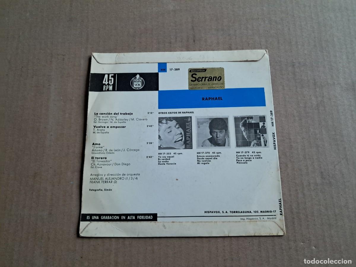 Discos de vinilo: RAPHAEL - LA CANCION DEL TRABAJO EP 4 TEMAS 1966 - Foto 3