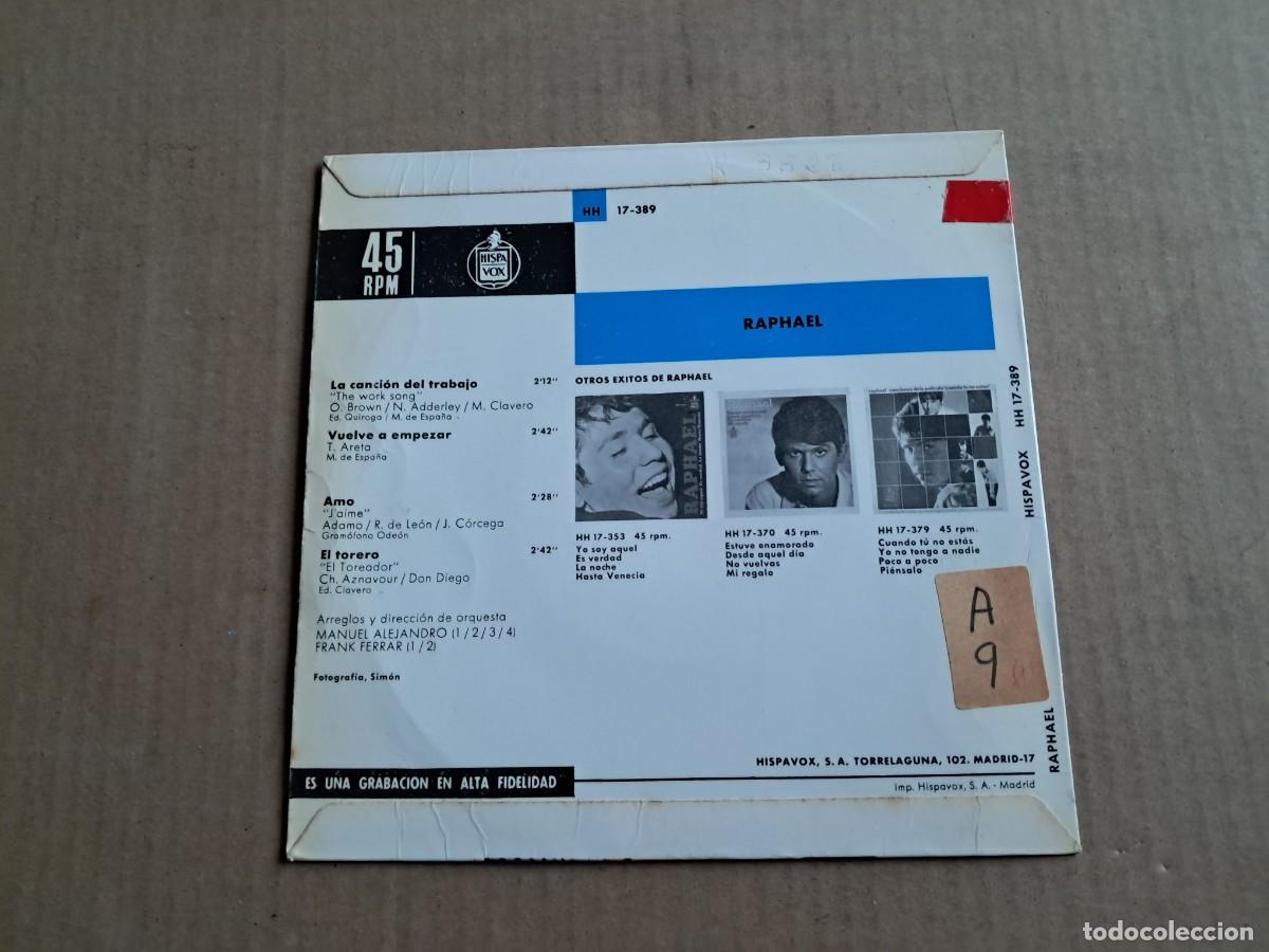 Discos de vinilo: RAPHAEL - LA CANCION DEL TRABAJO EP 4 TEMAS 1966 - Foto 3