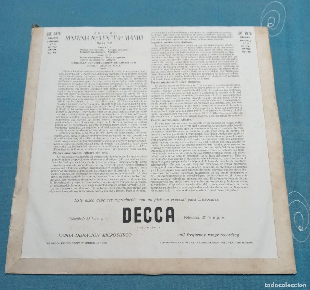 Discos de vinilo: BRAHMS, SINFONIA N&ordm; 3 EN FA MAYOR, OPUS 90 - Foto 2