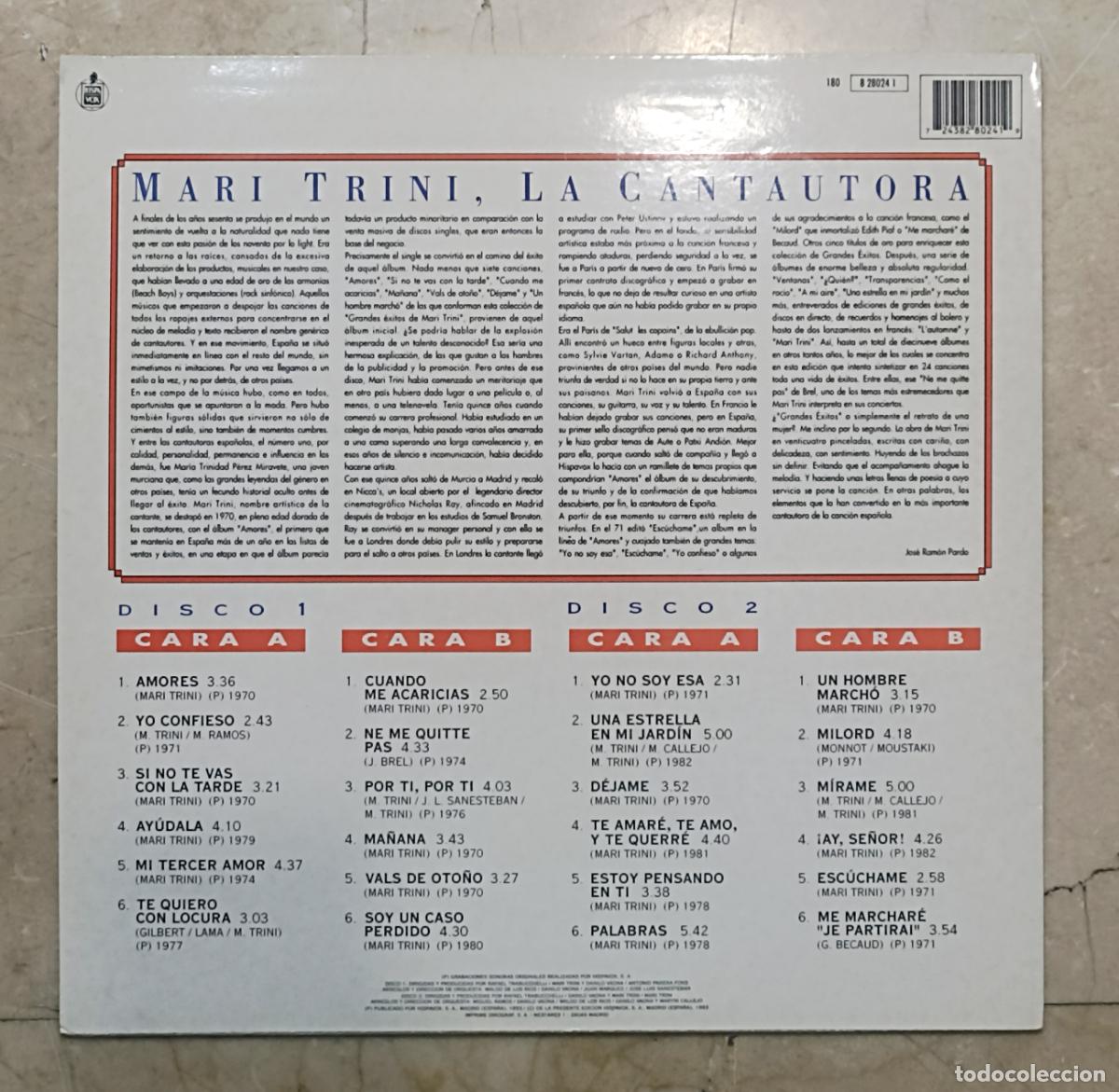 Discos de vinilo: MARI TRINI - SUS GRANDES &Eacute;XITOS - DOBLE LP - HISPAVOX 1993 - Foto 2