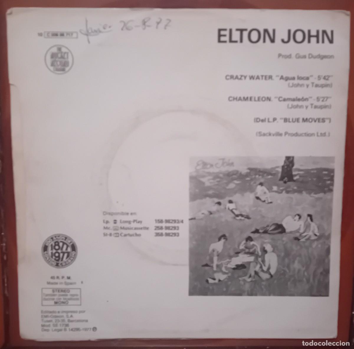 Discos de vinilo: SINGLE. ELTON JOHN. CRAZY WATER/CHAMELEON. 1977. - Foto 2