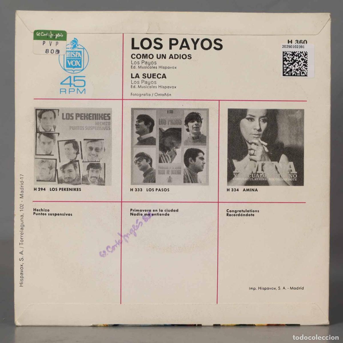 Discos de vinilo: SINGLE. Los Payos &ndash; Como Un Adios / La Sueca - Foto 2