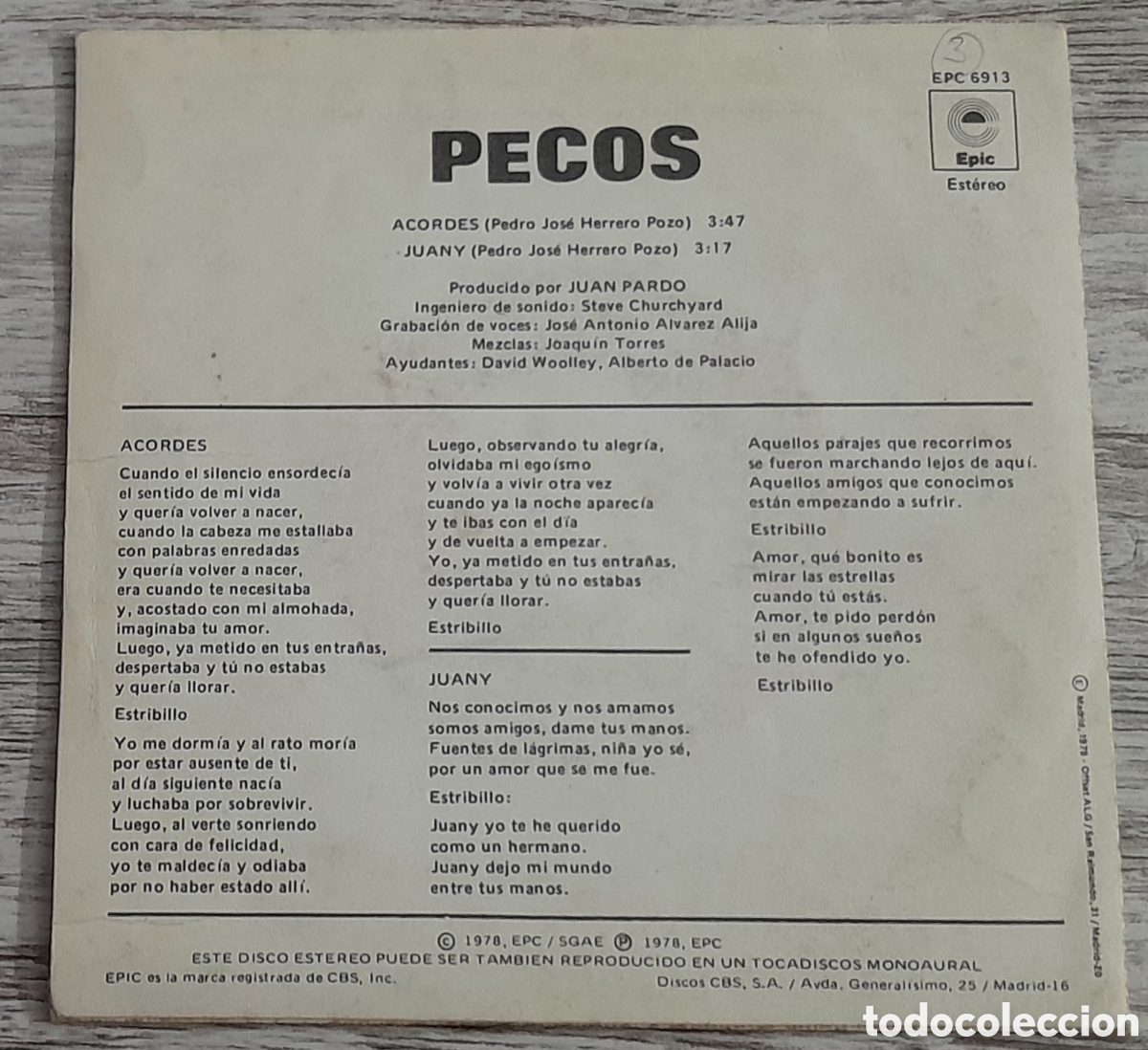 Discos de vinilo: PECOS - ACORDES + JUANY - EPIC 1978 - Foto 2