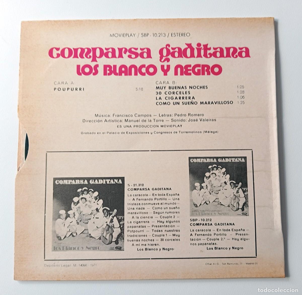 Discos de vinilo: SINGLE CARNAVAL DE CADIZ COMPARSA LOS BLANCO Y NEGRO - Foto 2