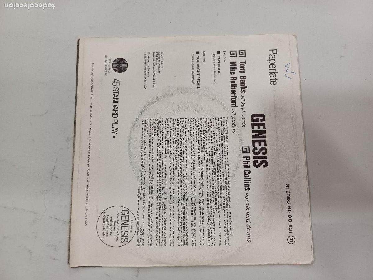 Discos de vinilo: GENESIS/PAPER LATE/SINGLE. - Foto 3
