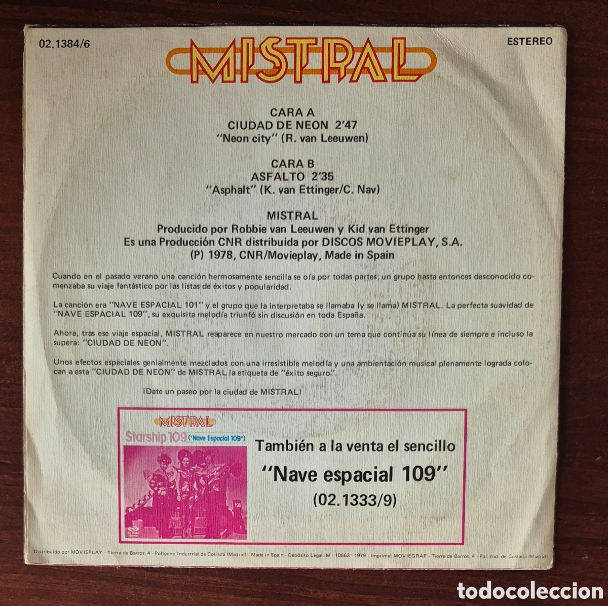 Discos de vinilo: SINGLE - MISTRAL - CIUDAD DE NEON 1979 - Foto 2
