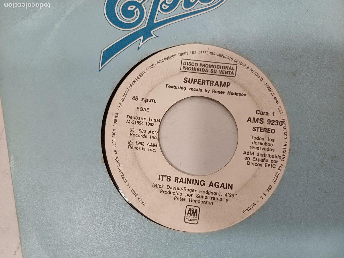 Discos de vinilo: SUPERTRAMP/ITS RAINING AGAIN/SINGLE PROMOCIONAL. - Foto 3