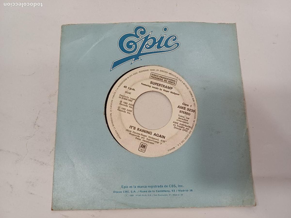Discos de vinilo: SUPERTRAMP/ITS RAINING AGAIN/SINGLE PROMOCIONAL. - Foto 4