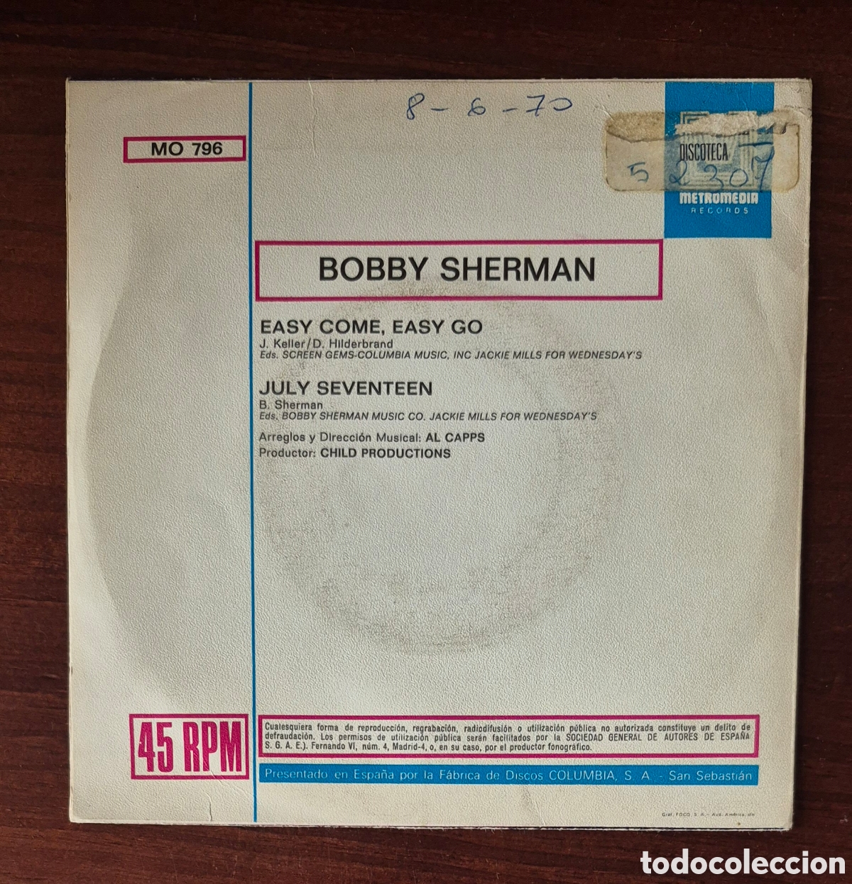 Discos de vinilo: SINGLE - BOBBY SHERMAN - EASY COME, EASY GO 1970 - Foto 2
