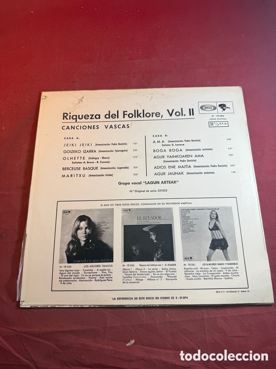 Discos de vinilo: CANCIONES VASCAS RIQUEZA DEL FOLKLORE - Foto 2