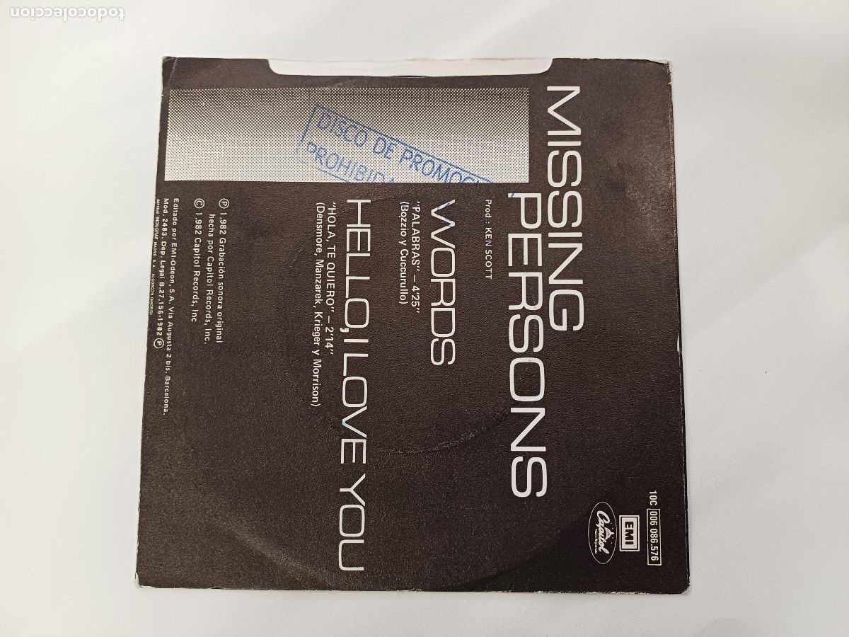 Discos de vinilo: MISSING PERSONS/PALABRAS/SINGLE PROMOCIONAL. - Foto 3