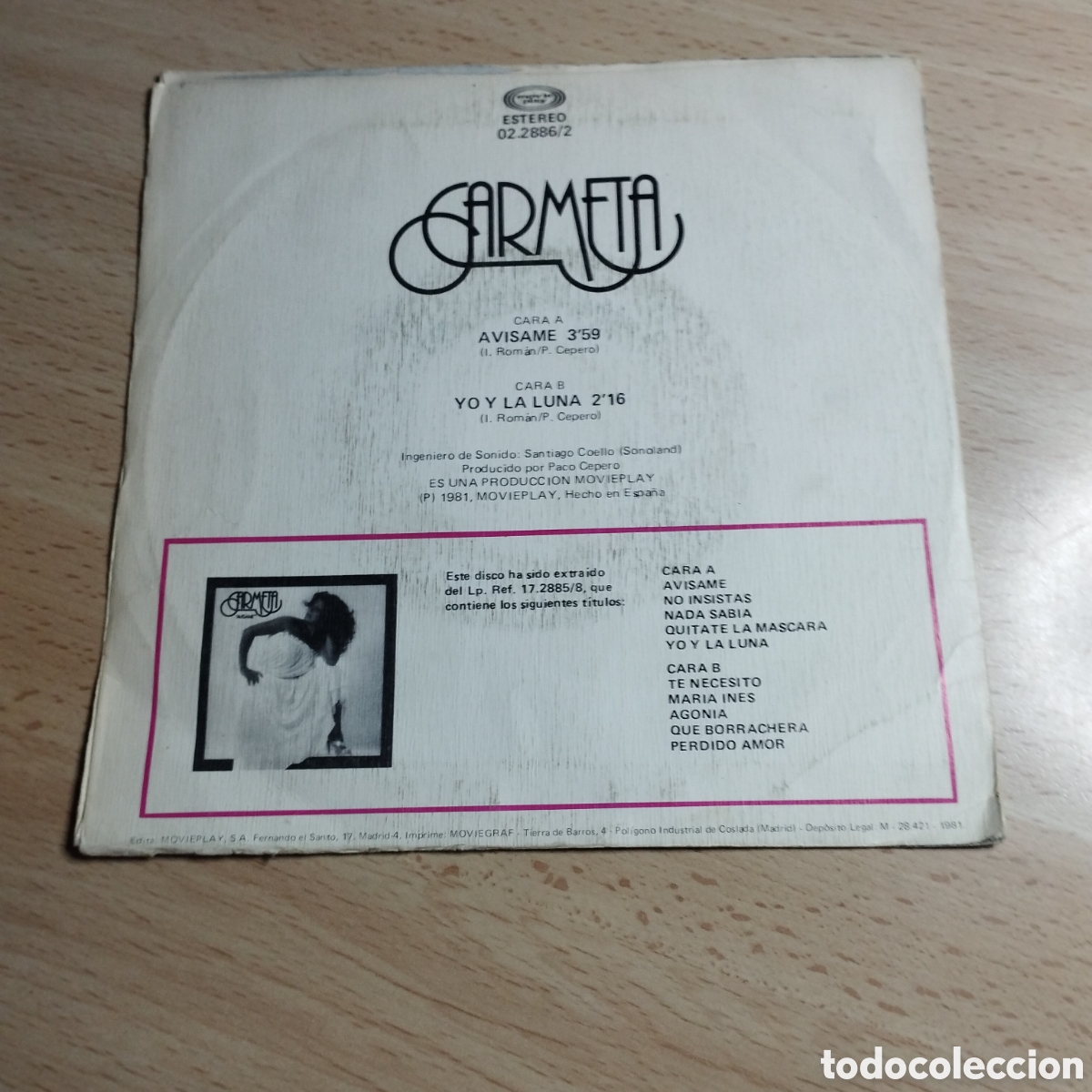 Discos de vinilo: Single 7&rdquo; Carmeta 1981. Av&iacute;same + yo y la luna - Foto 2