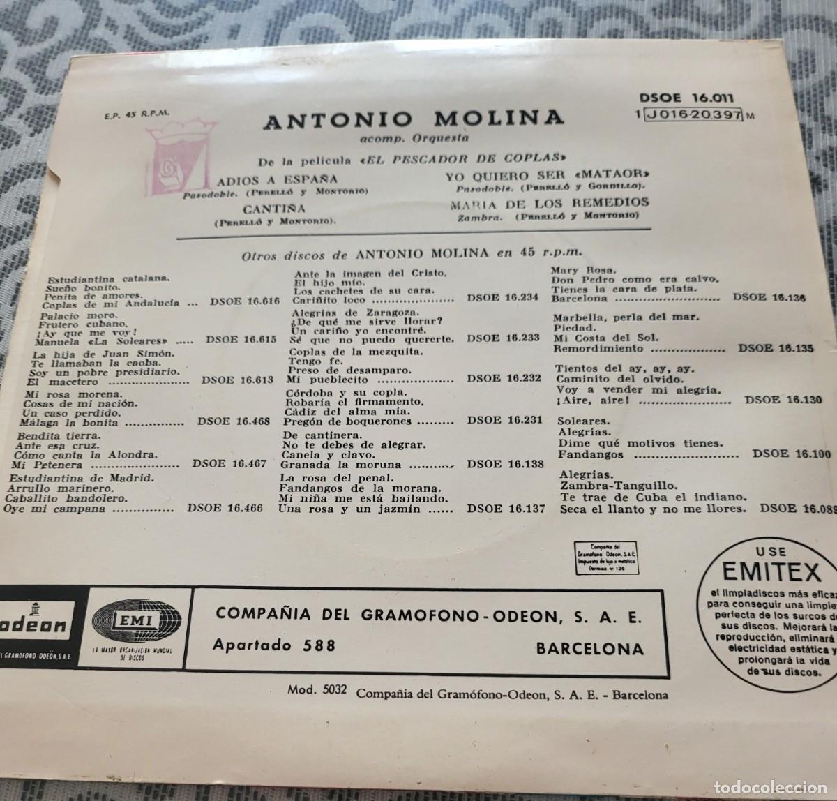 Discos de vinilo: Antonio Molina Ep sello Emi-Odeon editado en Espa&ntilde;a... - Foto 2