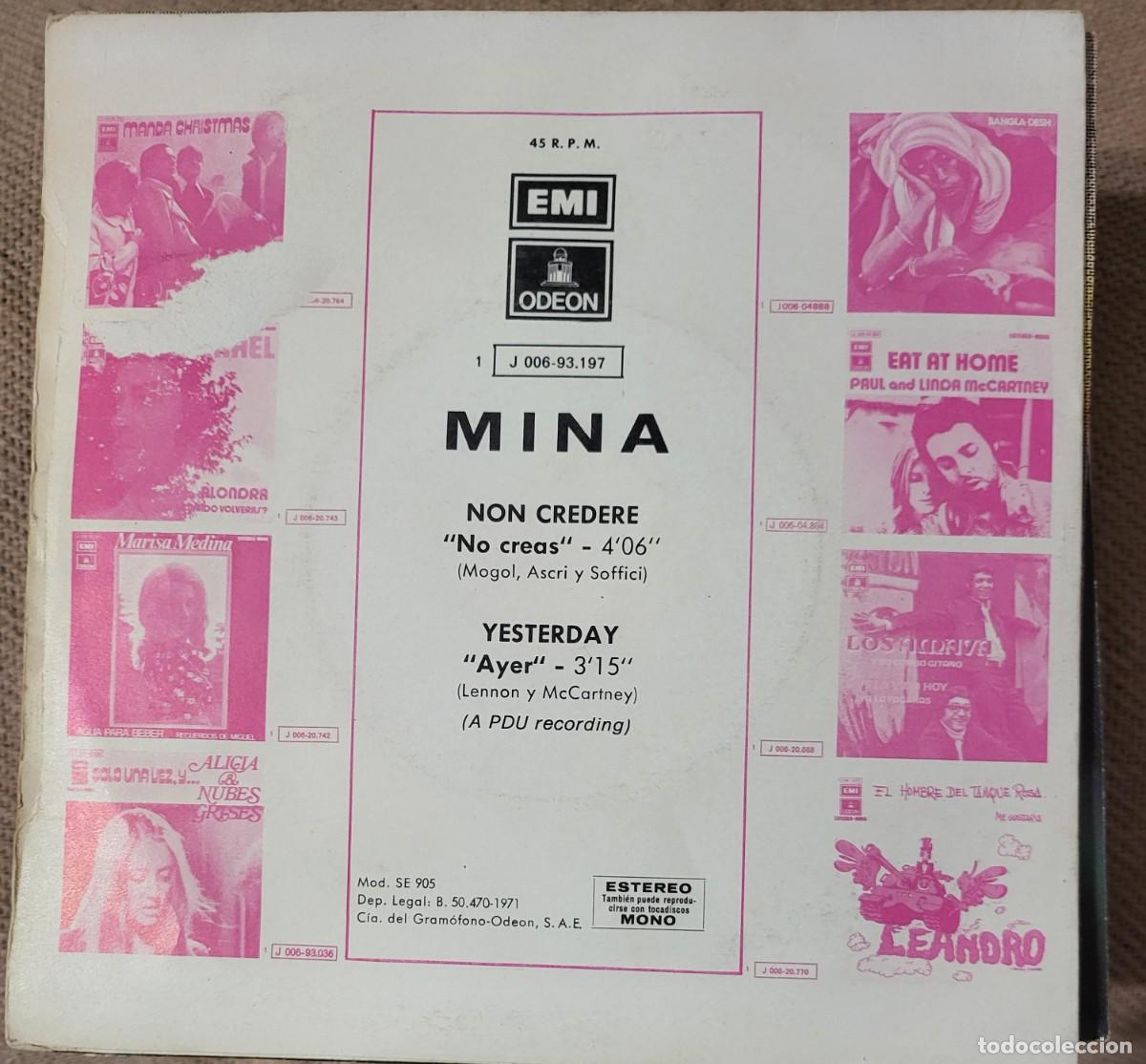 Discos de vinilo: Mina single sello Emi-Odeon editado en Espa&ntilde;a a&ntilde;o 1971... - Foto 2