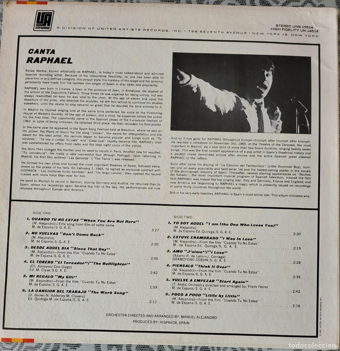 Discos de vinilo: Raphael Lp sello UA internacional editado en USA... - Foto 2
