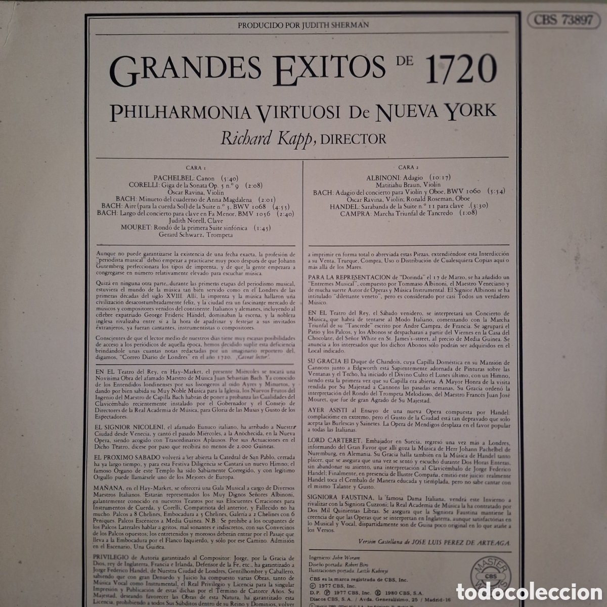Discos de vinilo: Grandes exitos de 1720. Dtor: Richard Kapp - Foto 2
