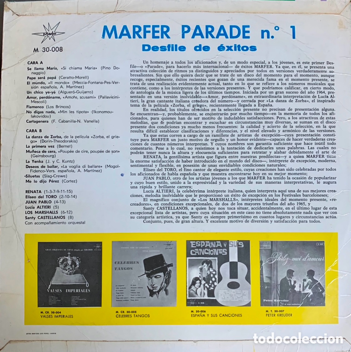Discos de vinilo: Disco Vinilo LP. Marfer Parade &ldquo;N&ordm; 1&rdquo;. 1962. - Foto 2