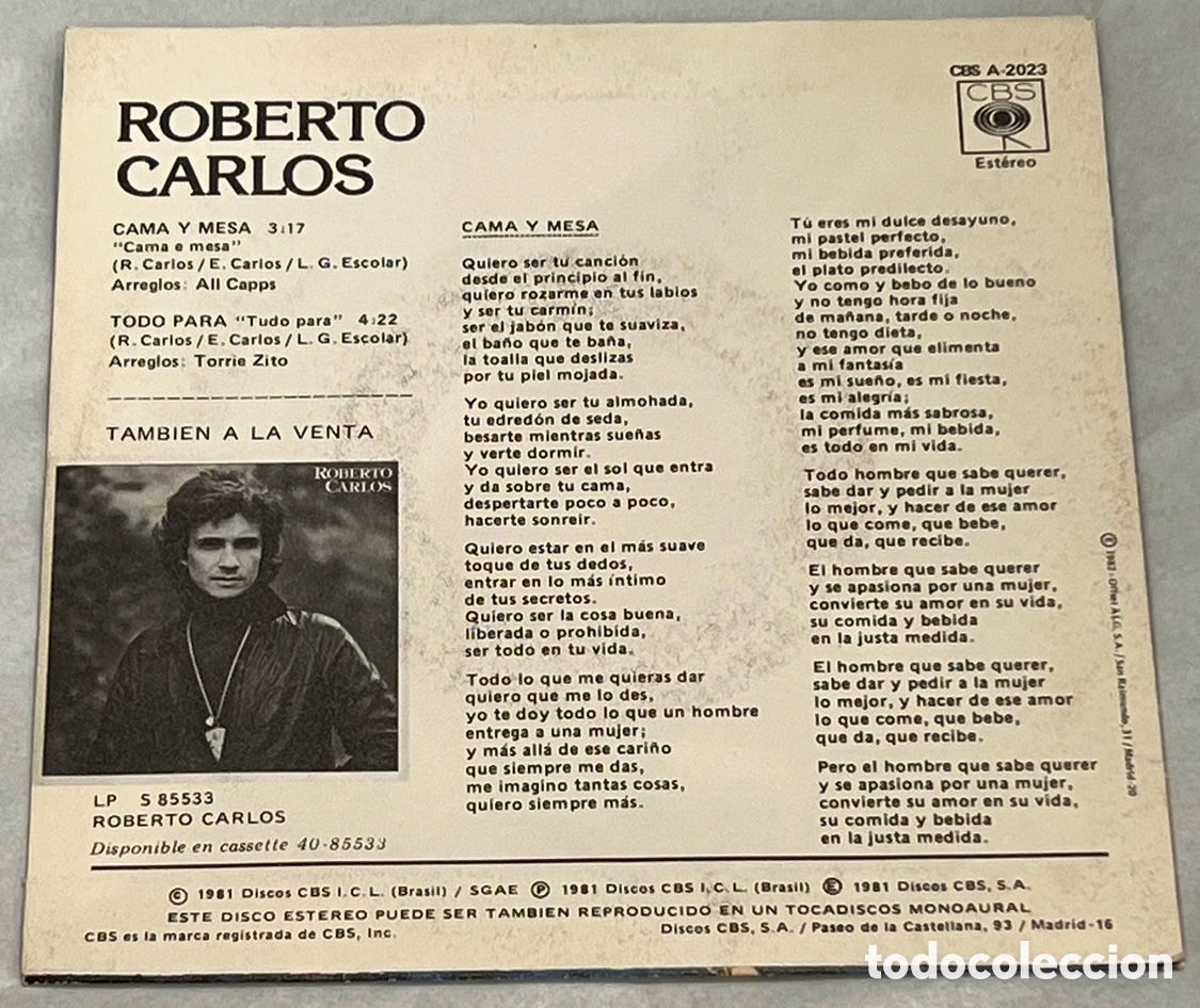 Discos de vinilo: Disco Vinilo Single. Roberto Carlos. &ldquo;Cama y mesa&rdquo;. 1981. - Foto 2