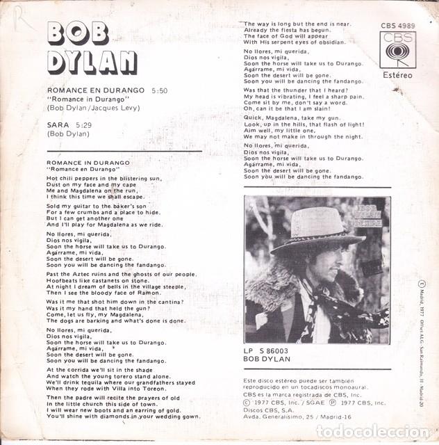 Discos de vinilo: Bob Dylan &ndash; Romance en Durango; Sara &ndash; CBS 4989 &ndash; 1977 - Foto 2