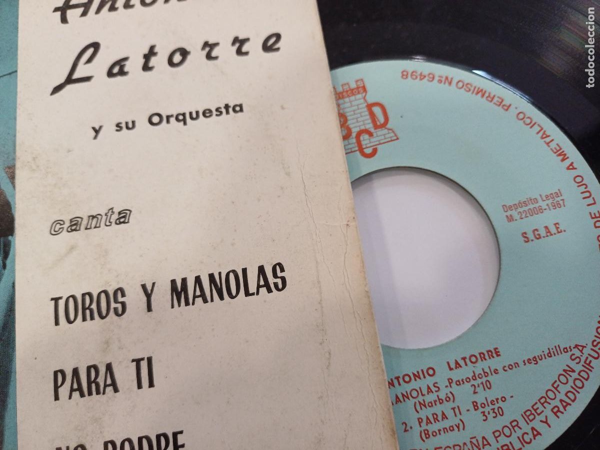 Discos de vinilo: ANTONIO LATORRE Y SU ORQUESTA/TOROS Y MANOLAS/SINGLE. - Foto 2