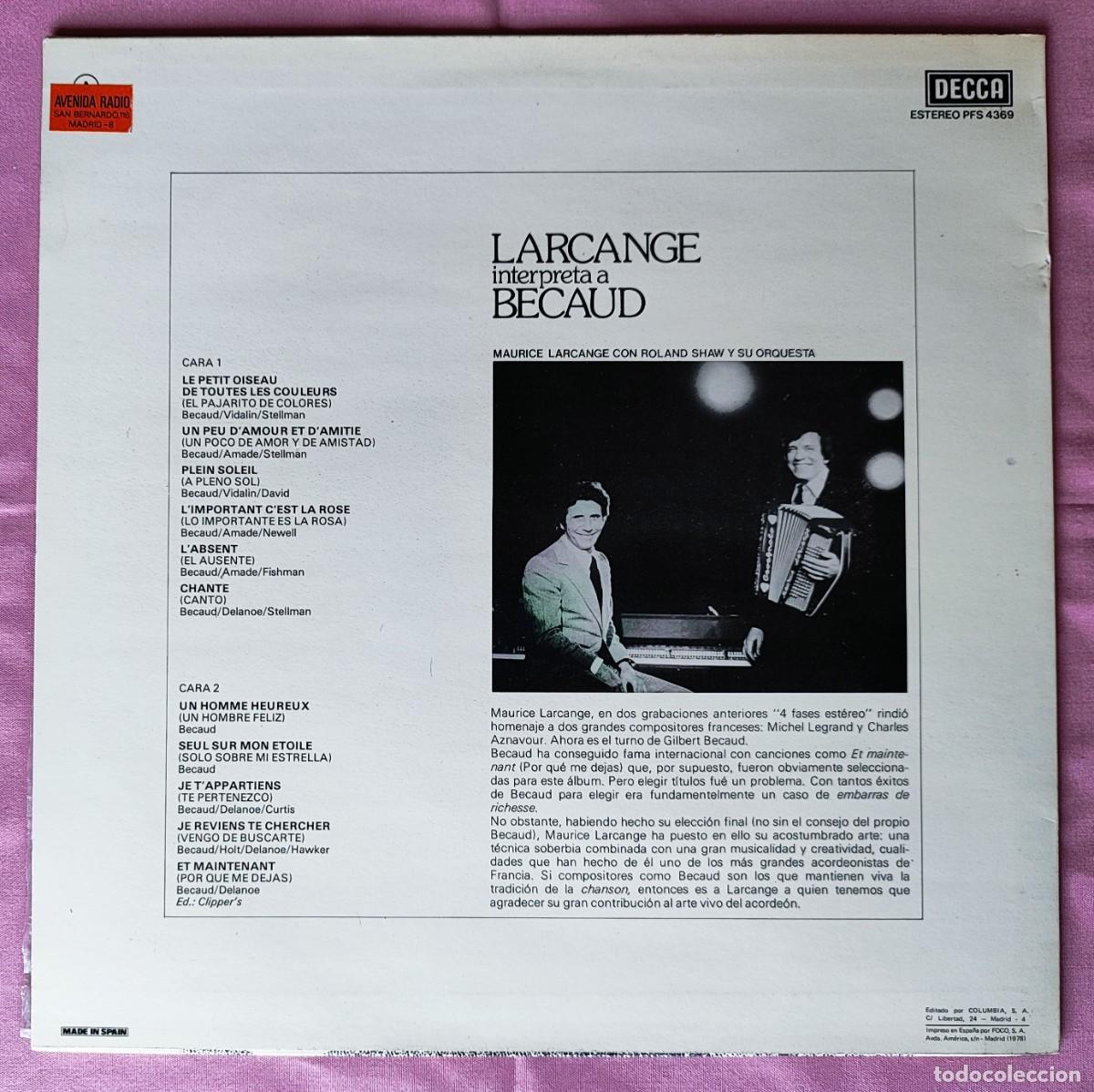 Discos de vinilo: LARCANGE INTERPRETA A BECAUD (CON ROLAND SHAW Y SU ORQUESTA). - Foto 2