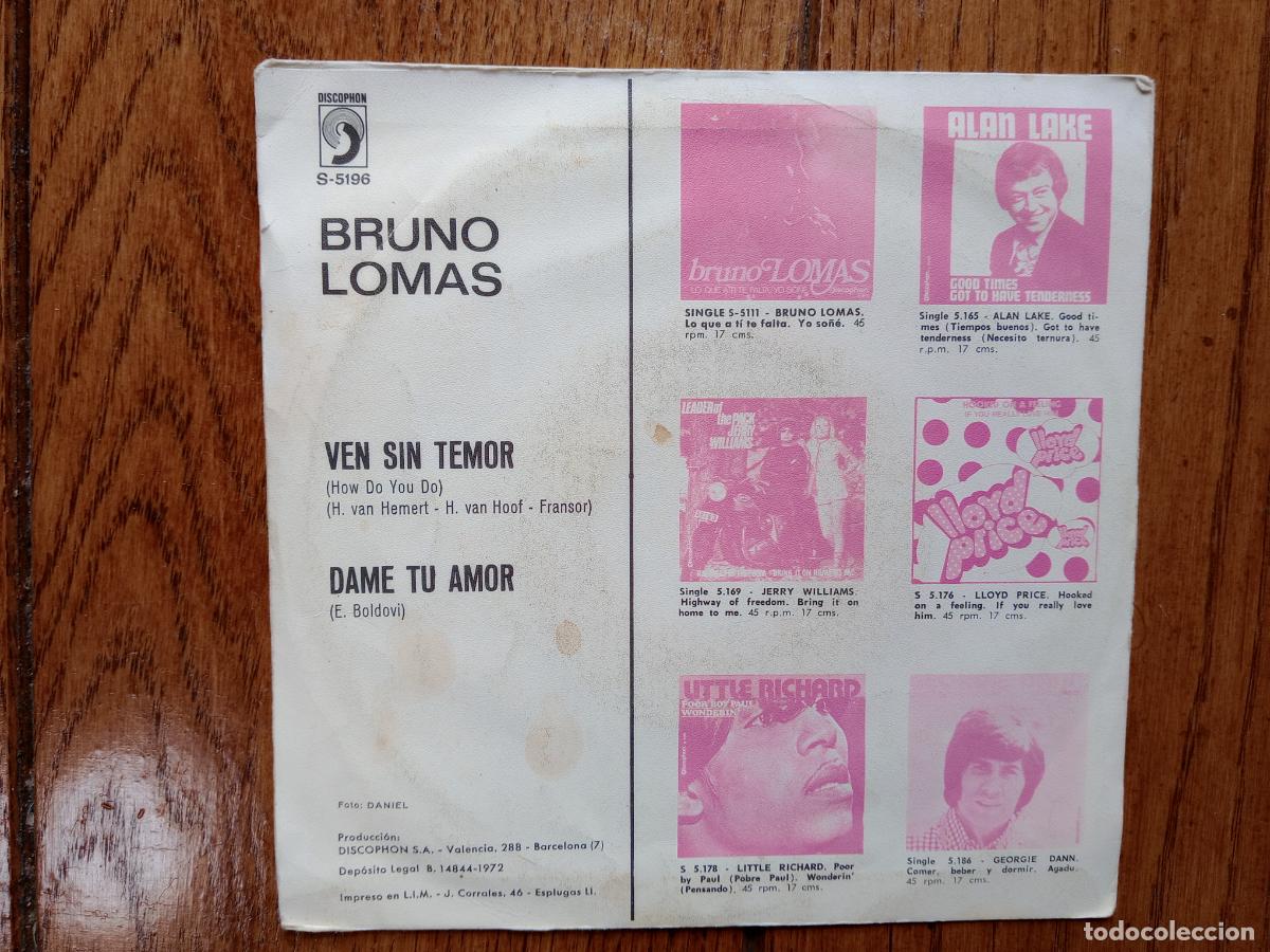 Discos de vinilo: Bruno Lomas - ven sin temor + dame tu amor - Foto 2
