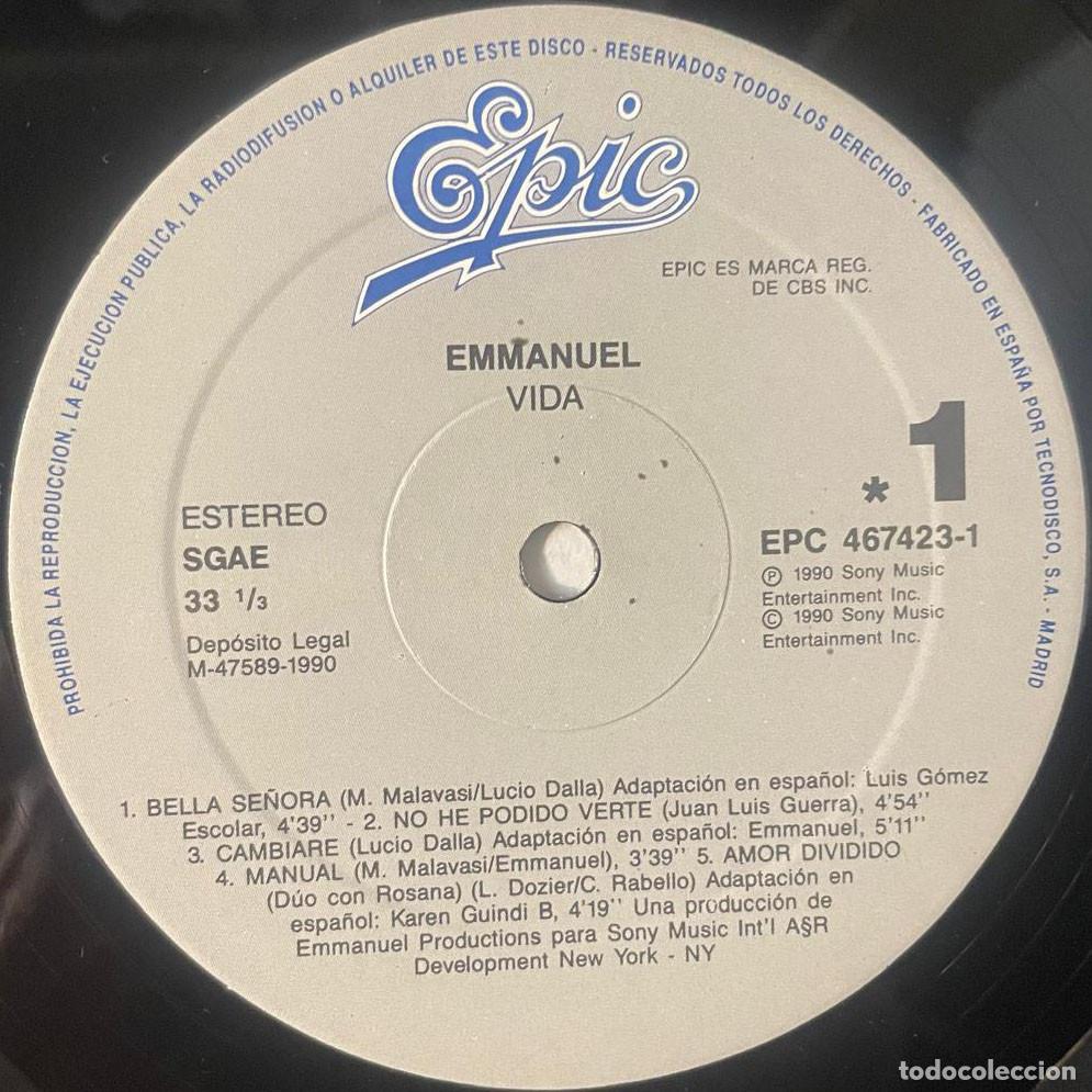 Discos de vinilo: EMMANUEL / VIDA / LP EPIC 1990 / ESPA&Ntilde;A - Foto 5