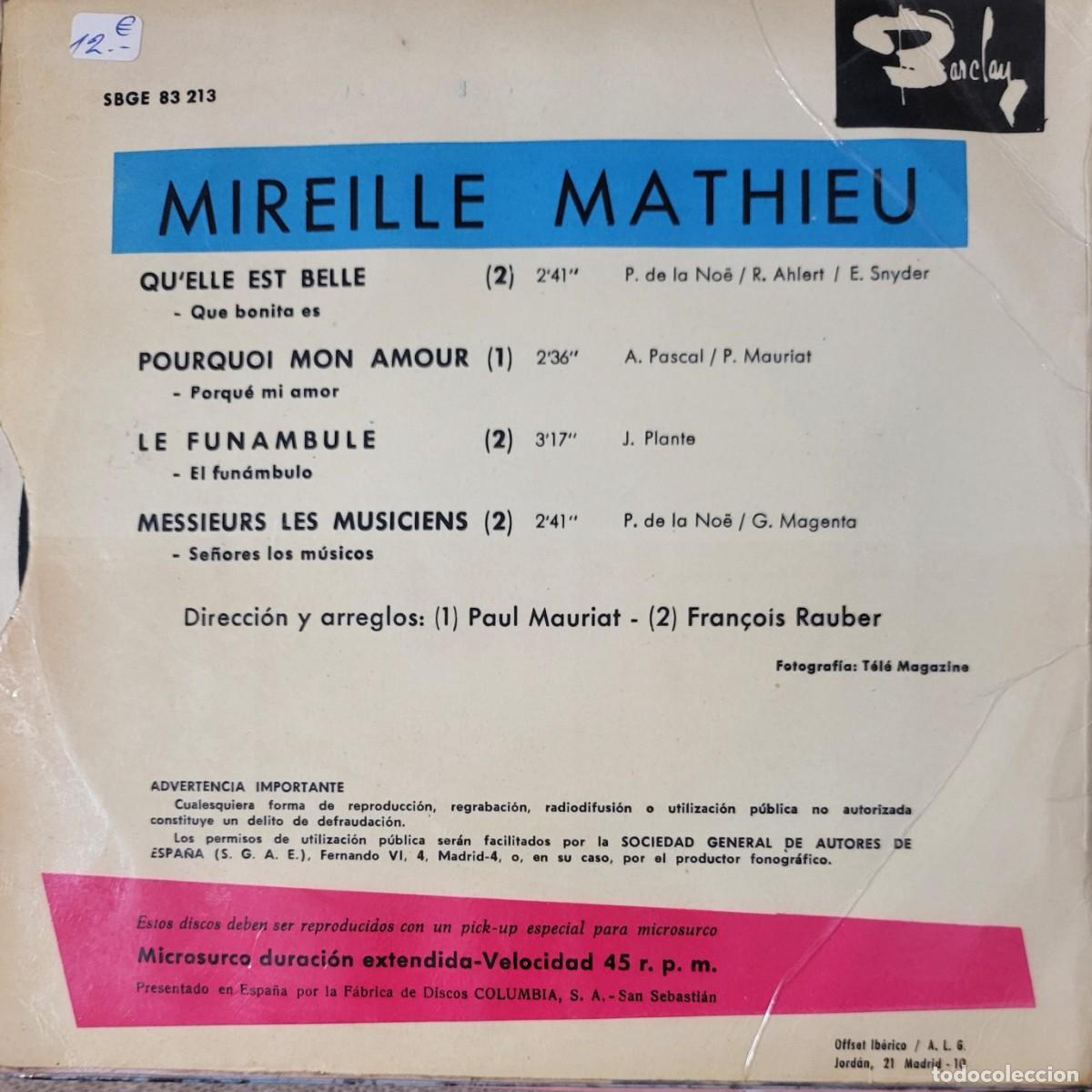 Discos de vinilo: Mireille Mathieu Ep sello Barclay editado en Espa&ntilde;a...1966. - Foto 2