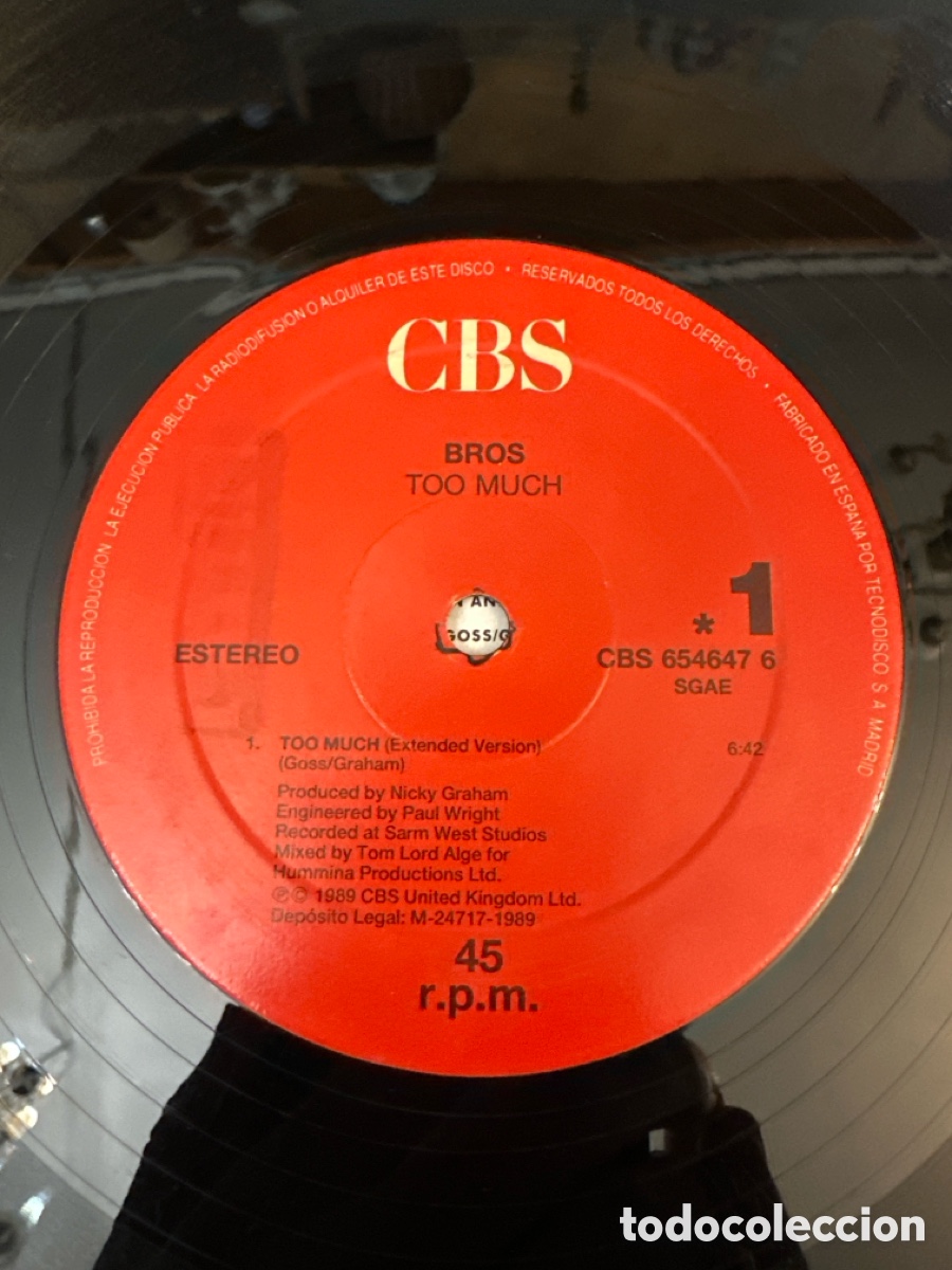 Discos de vinilo: BROS - TOO MUCH - CBS 1989 - MAXI SINGLE - Foto 3
