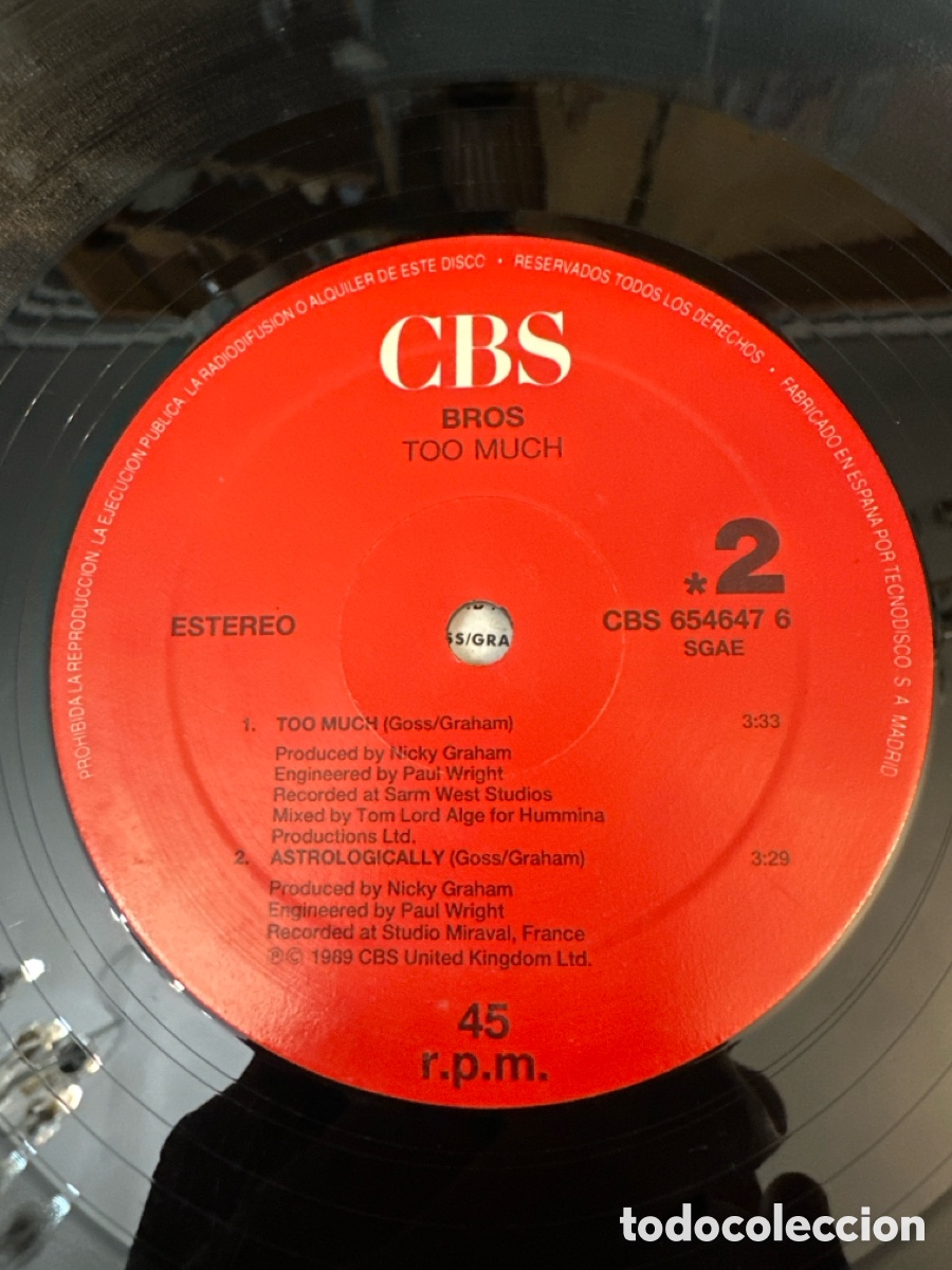 Discos de vinilo: BROS - TOO MUCH - CBS 1989 - MAXI SINGLE - Foto 5