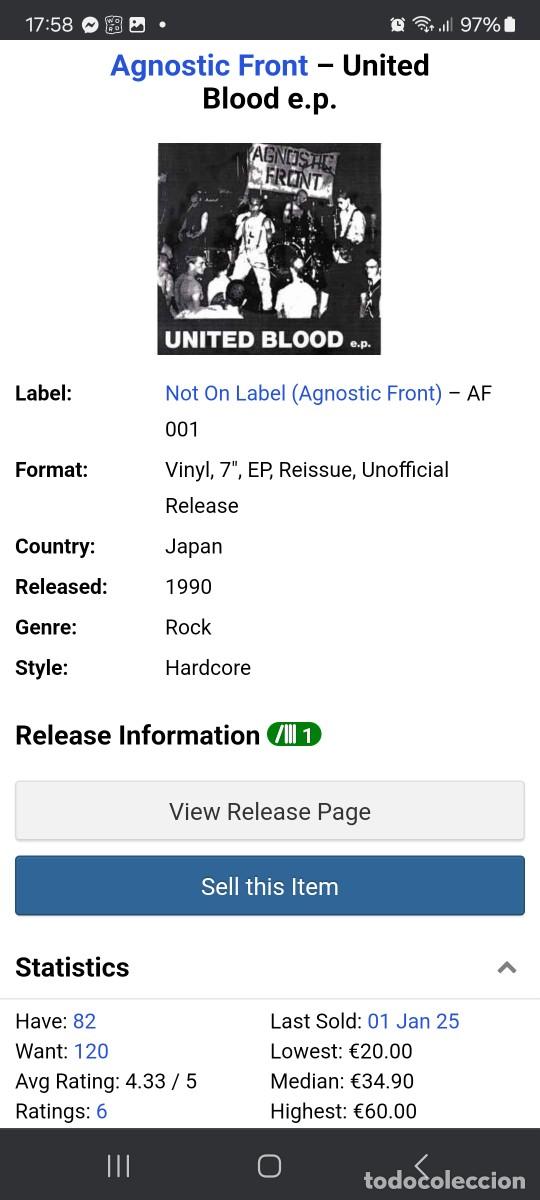 Discos de vinilo: Agnostic Front - United Blood 2nd press - Foto 4